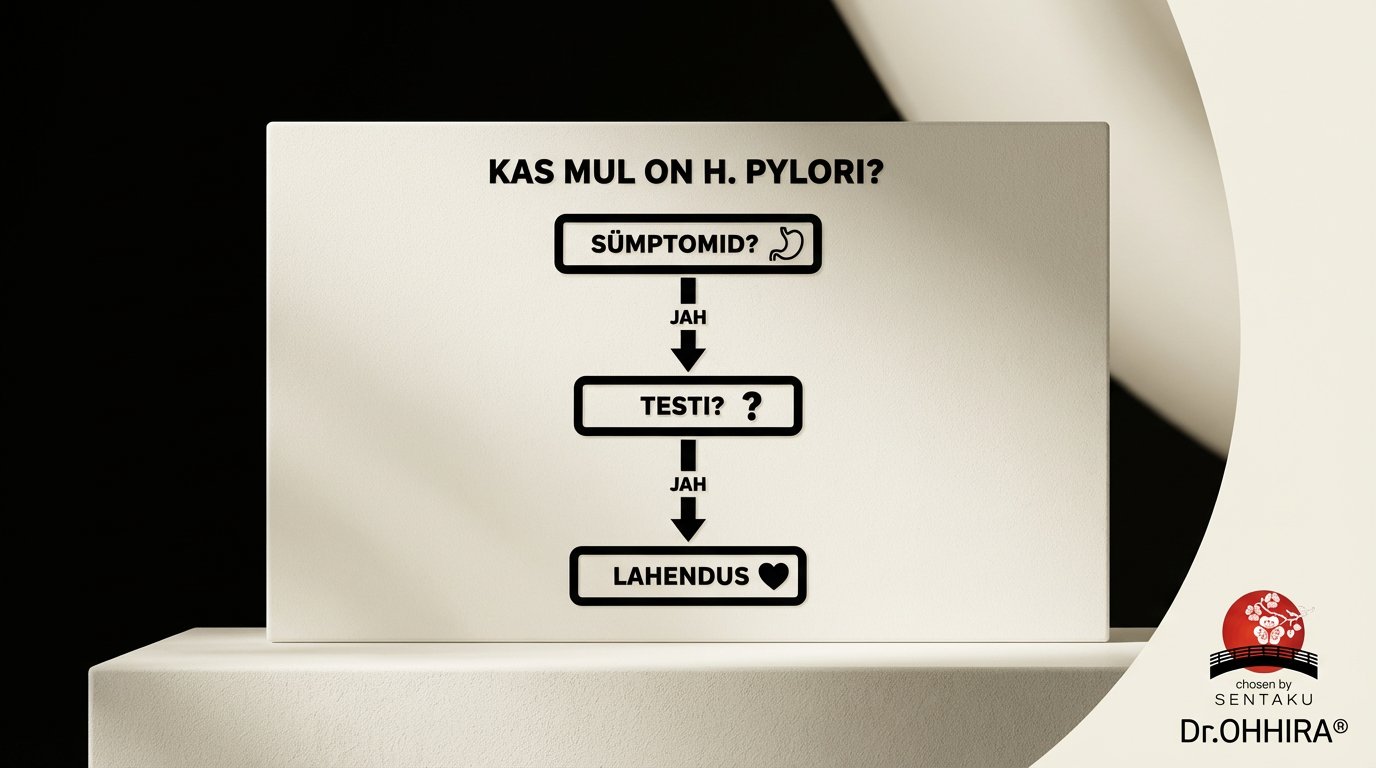 Musta teksti ja piltidega vooluskeem Helicobacter pylori testimise ja lahenduse kohta.