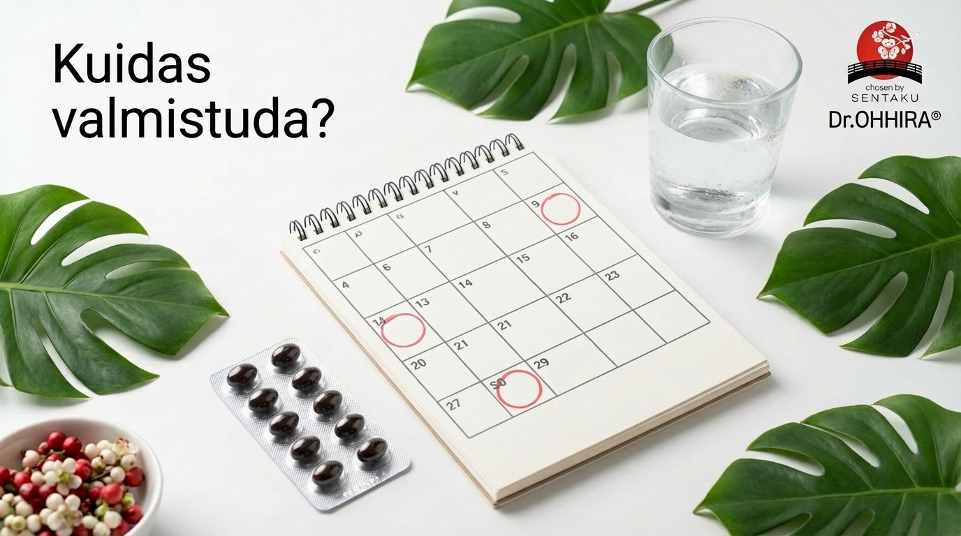 Valgel taustal kalender märgitud kuupäevadega, tabletid, veeklaas ja taimede lehed, pealkirjaga "Kuidas valmistuda?".