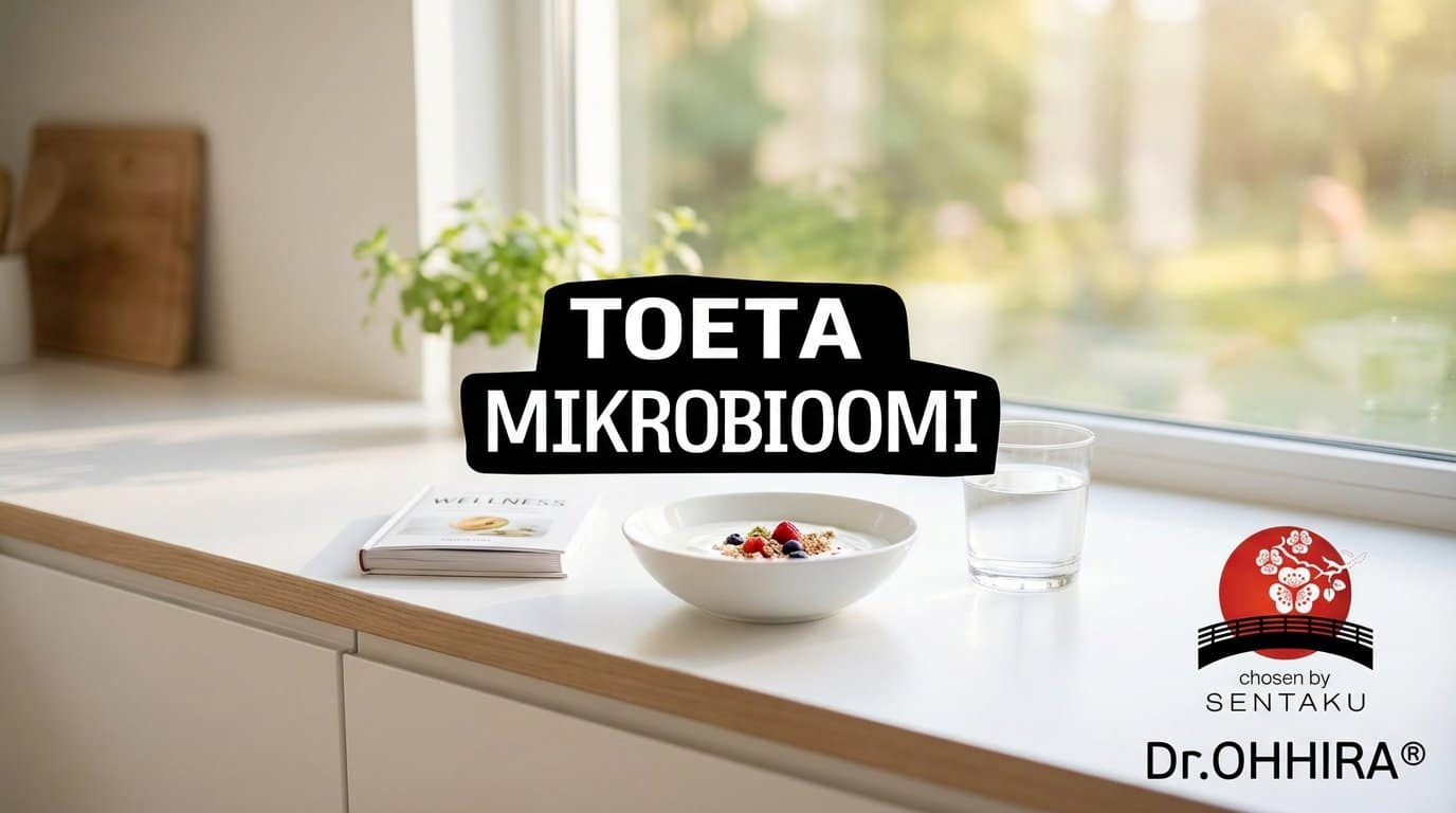 Hommikusöök köögiletil: kauss jogurti ja marjadega, klaas vett ja raamat. Tekst: TOETA MIKROBIOOMI.