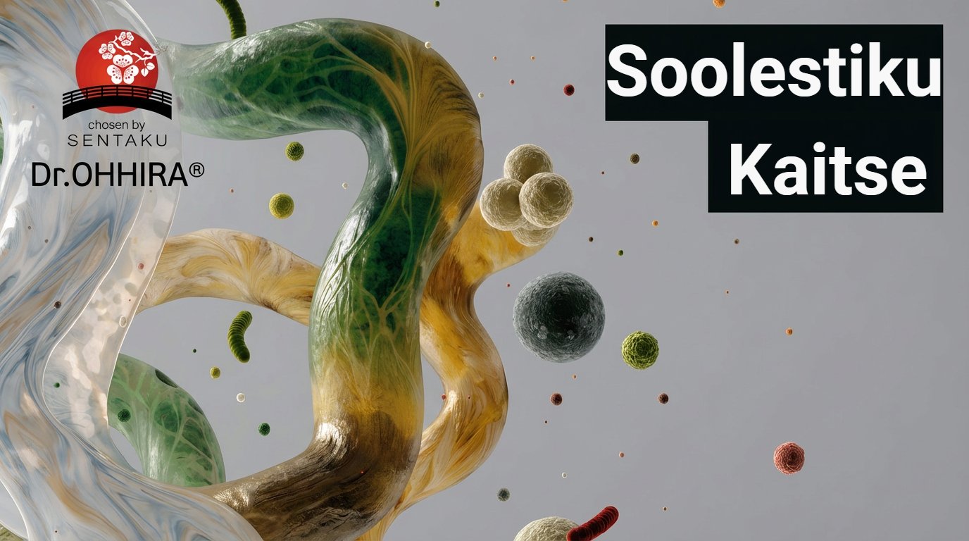 Abstraktne kujutis soolestiku mikrobioomist ja Dr. OHHIRA® logost, tekstiga 'Soolestiku Kaitse'.