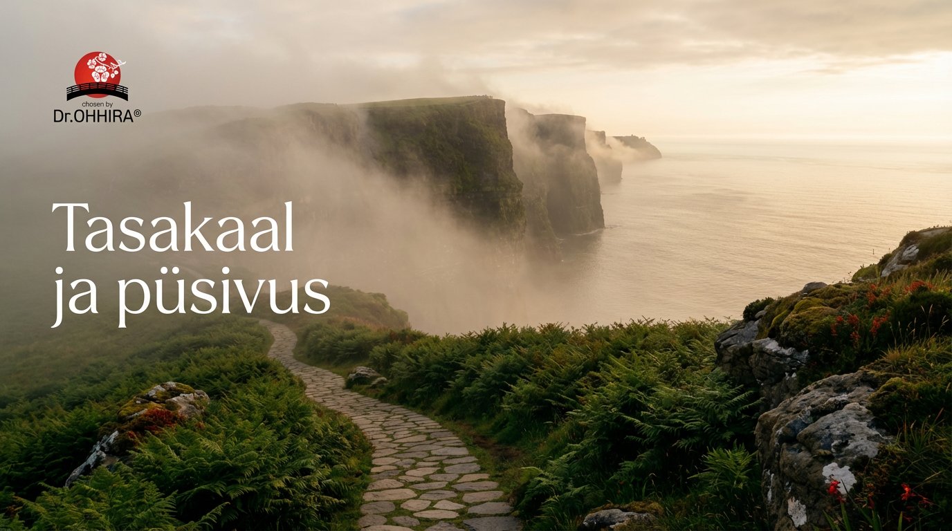 Majesteetlikud kaljud udus mere ääres, esiplaanil looklev kivitee ja roheline taimestik.