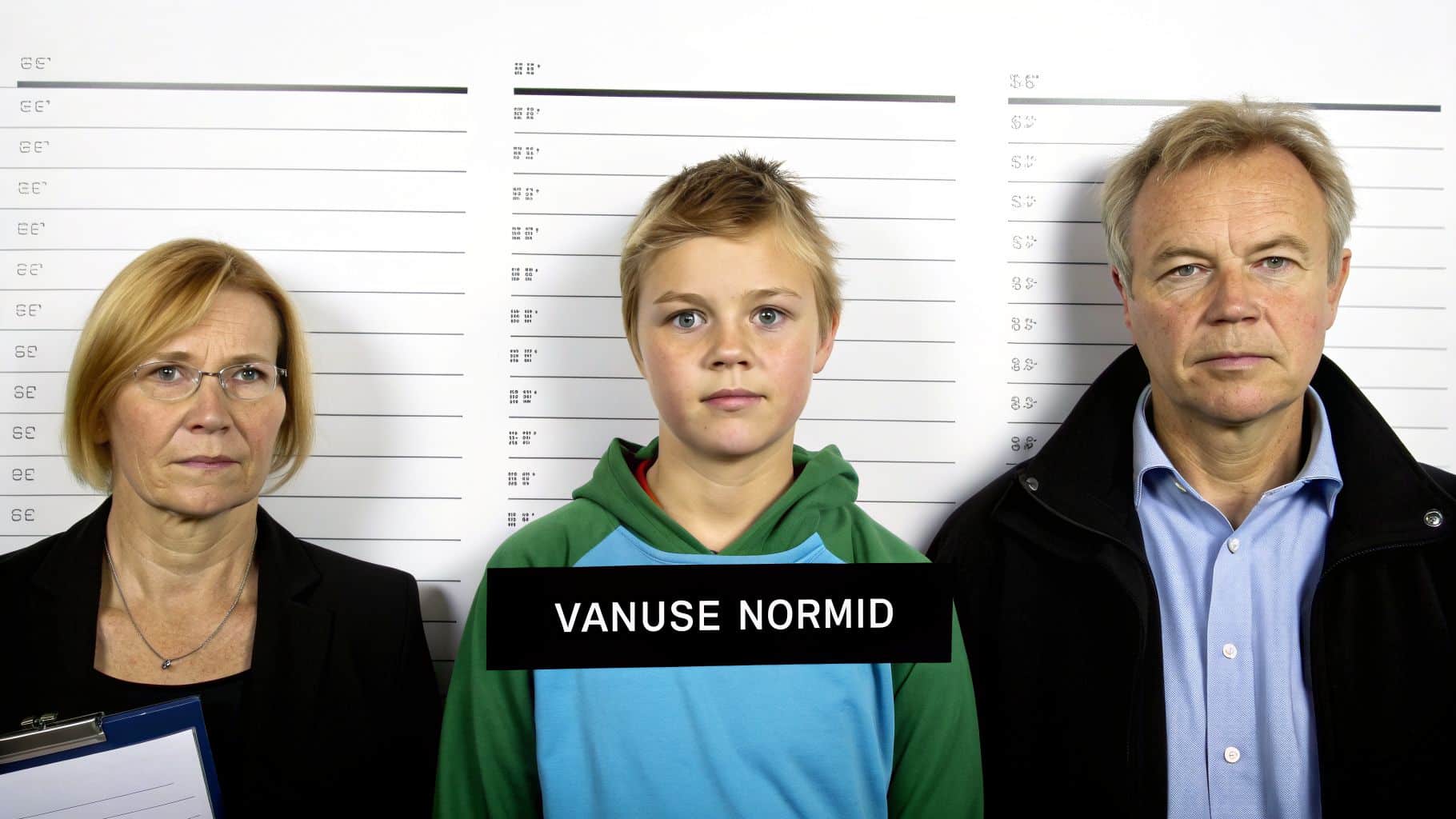 Kolm inimest politseifoto stiilis mõõteskaala ees, poisil sildil 'VANUSE NORMID'.