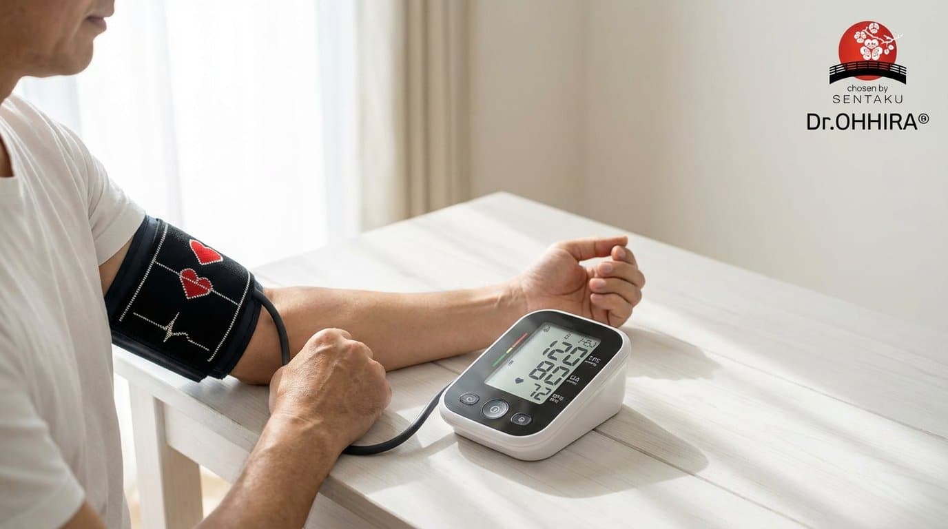 Mees mõõdab vererõhku koduse monitoriga, tulemused on selgelt ekraanil nähtavad.