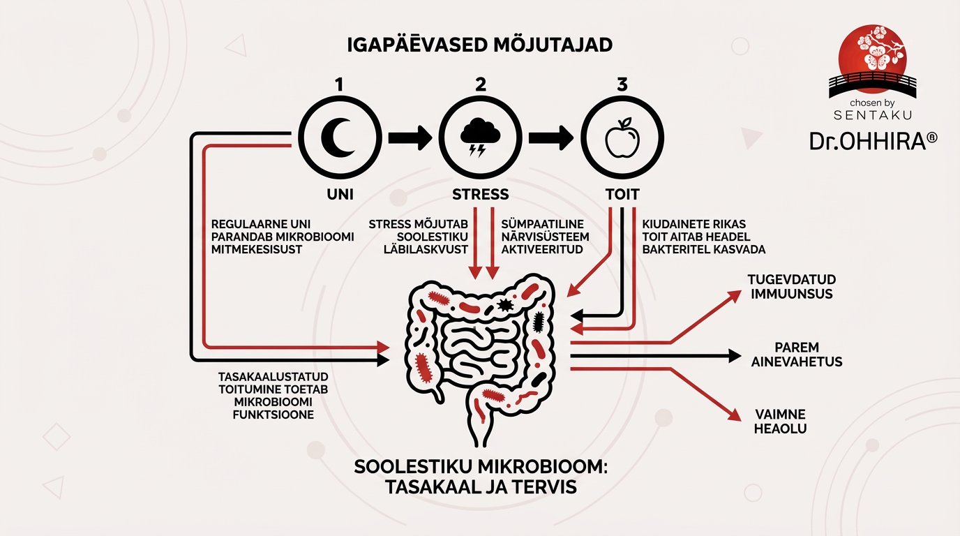 Skeem näitab igapäevaste mõjurite (uni, stress, toit) mõju soole mikrobioomile ja tervisele.