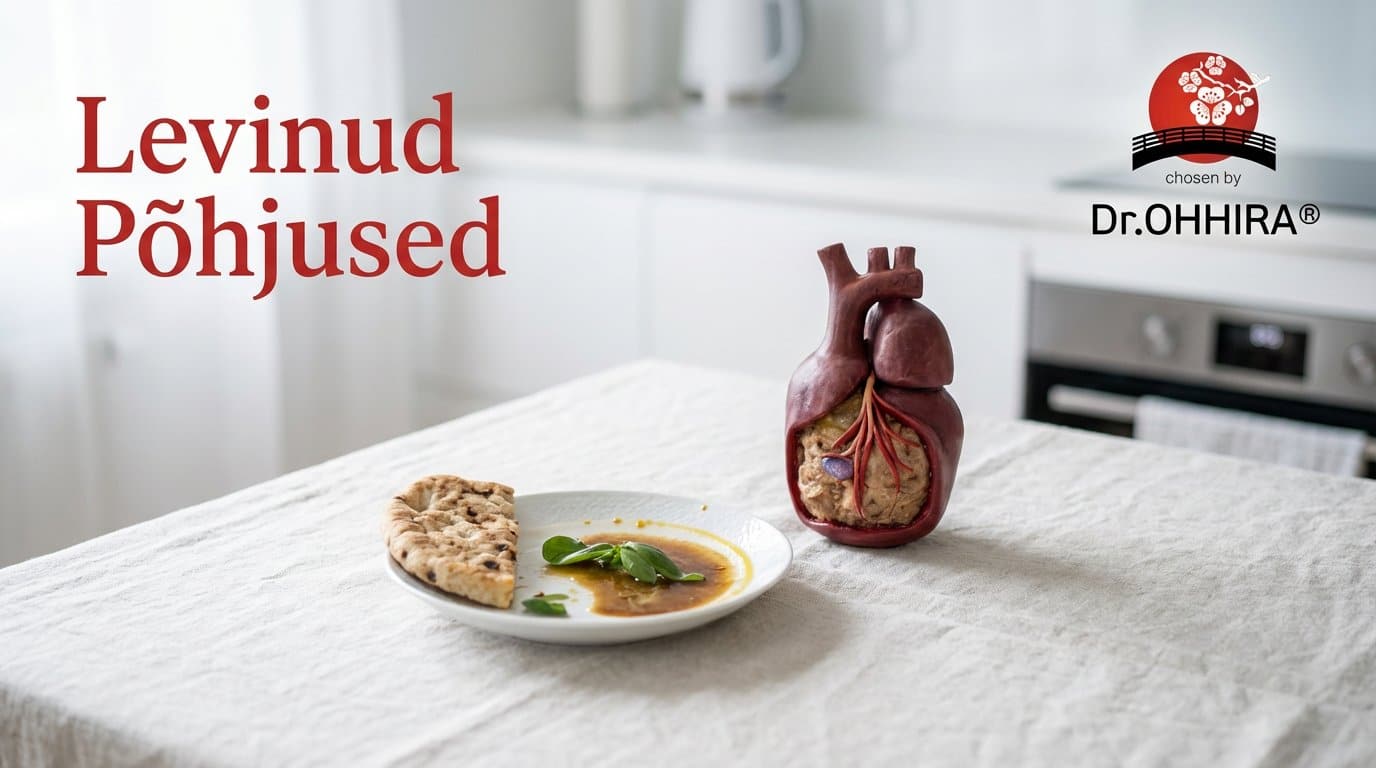 Laud, millel on inimene südame mudel, taldrik toiduga ja tekst 'Levinud Põhjused'.