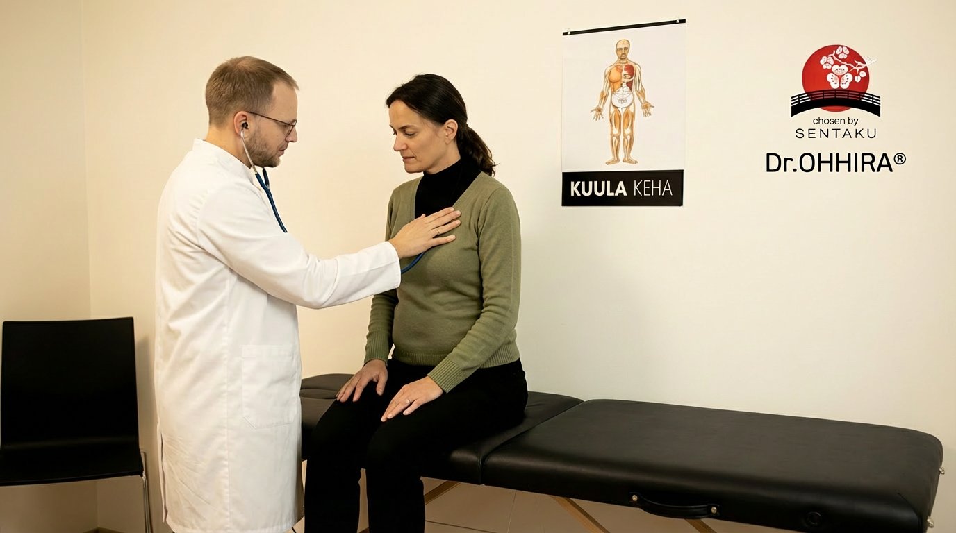 Arst kuulab stetoskoobiga naispatsiendi rinda, taustal anatoomia plakat.