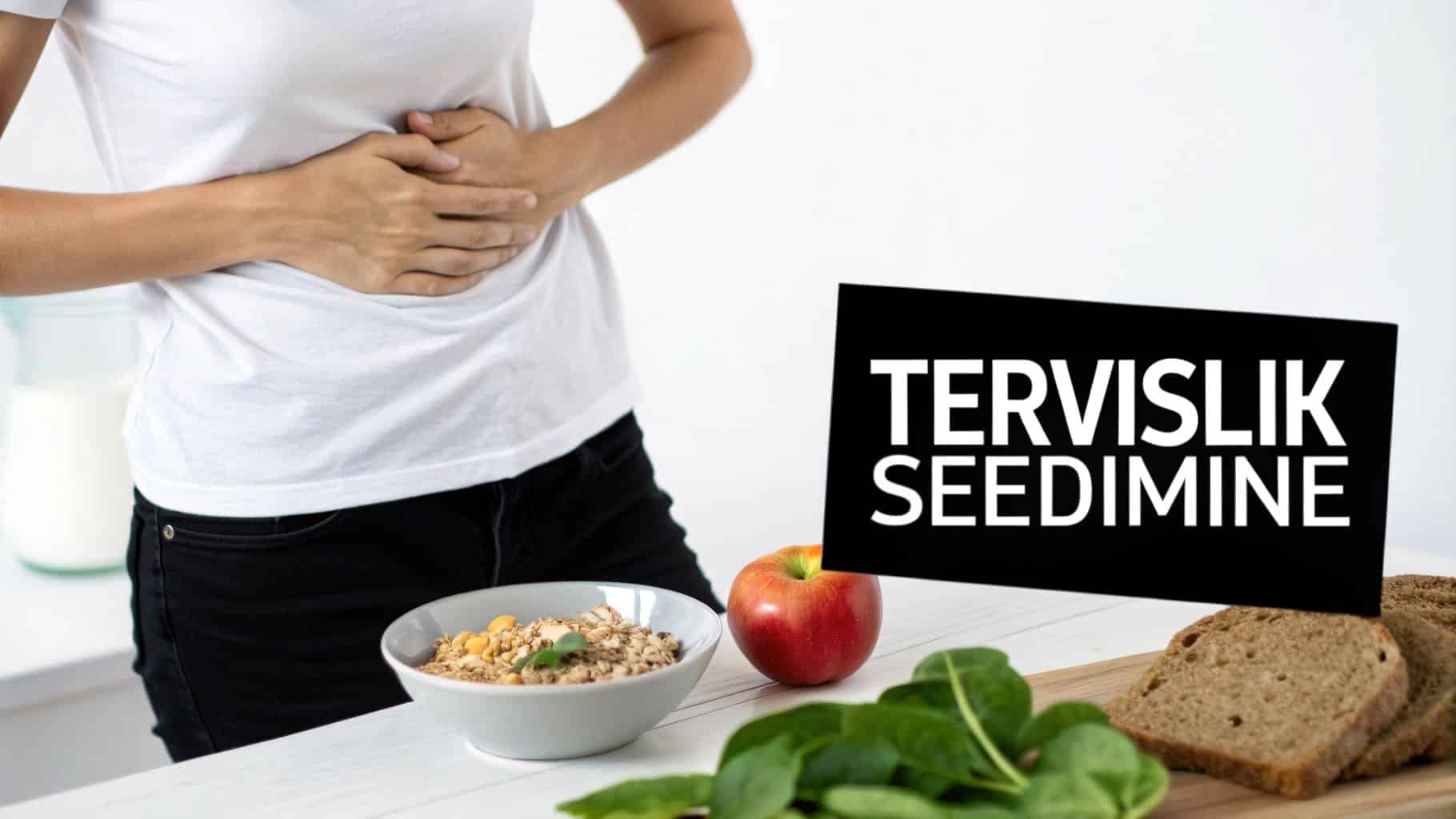 Inimene hoiab kõhtu, ümberringi tervislikud toidud ja silt „Tervislik Seedimine“.