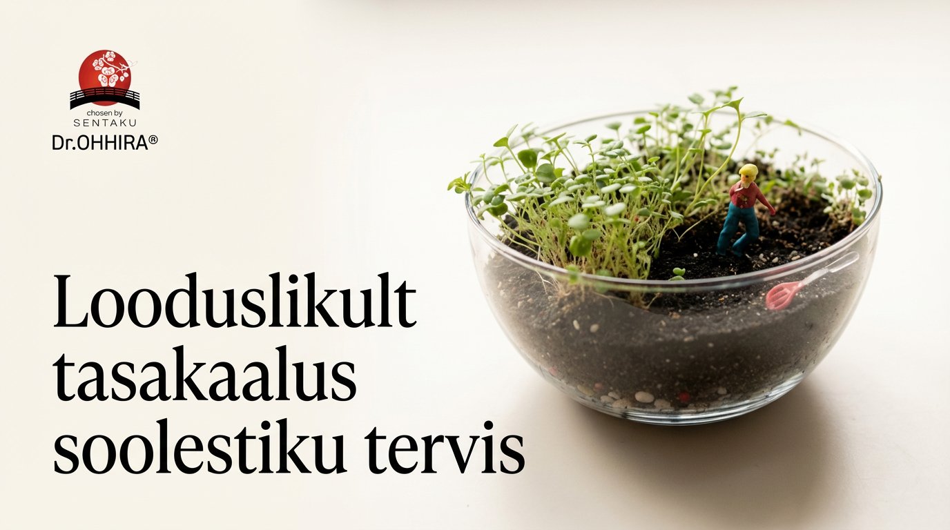 Dr. OHHIRA logo ja tekst 'Looduslikult tasakaalus soolestiku tervis' klaasist miniaia kõrval.