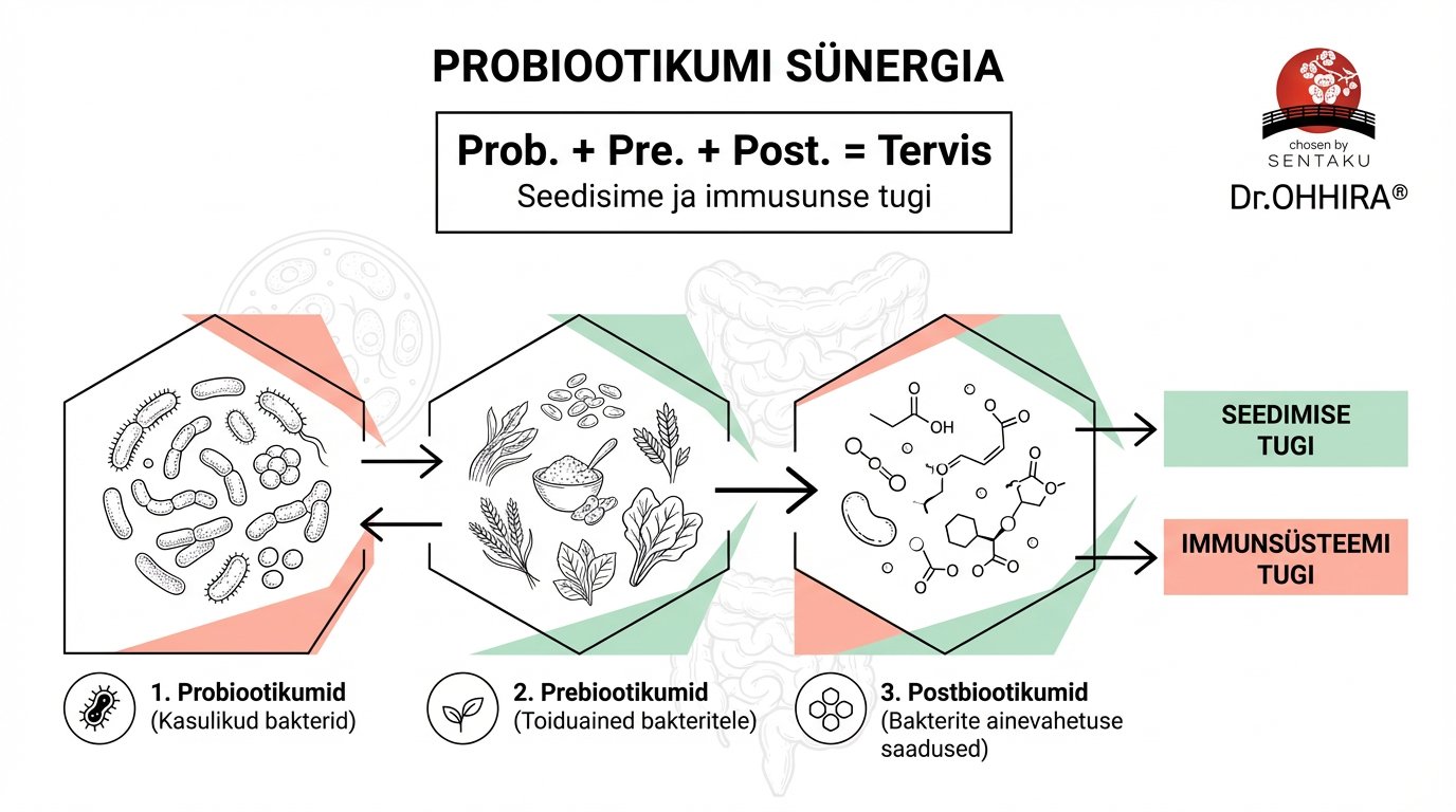 Skeem selgitab probiootikumide, prebiootikumide ja postbiootikumide sünergiat seedimise ja immuunsüsteemi toetuseks.