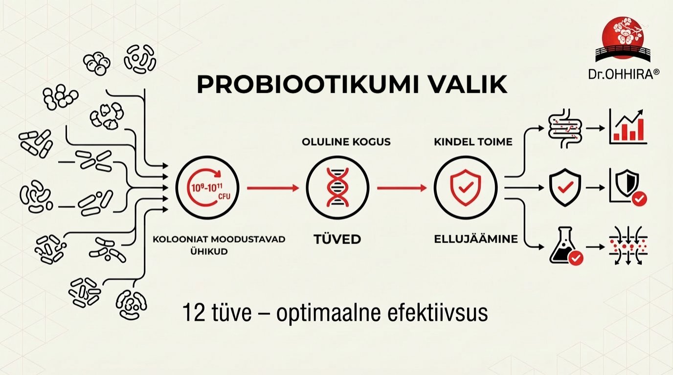 Skeem probiootikumide valiku kriteeriumitest: oluline kogus, tüved, ellujäämine ja positiivne toime soolestikule.