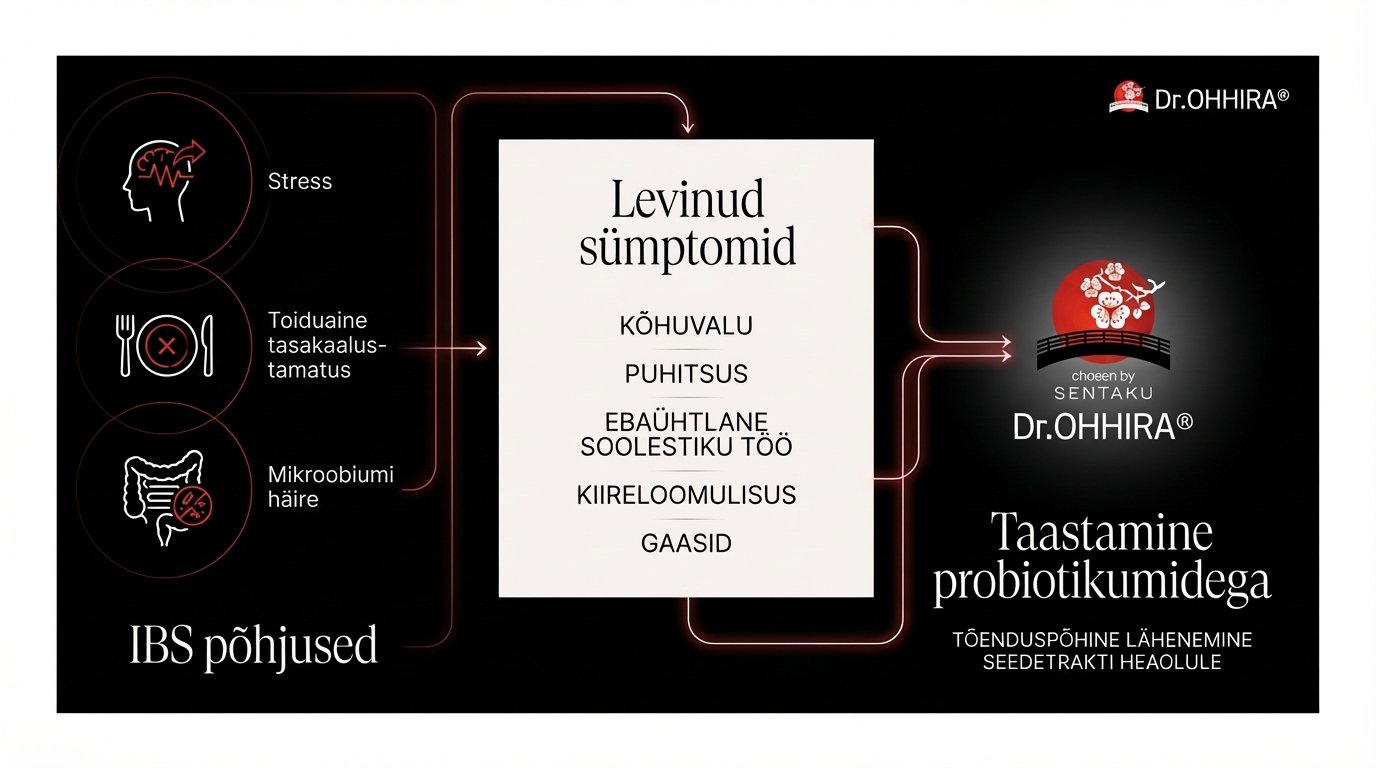 Diagramm näitab IBS-i põhjuseid, sümptomeid (nt kõhuvalu, puhitus) ja taastamist Dr. OHHIRA® probiootikumidega.