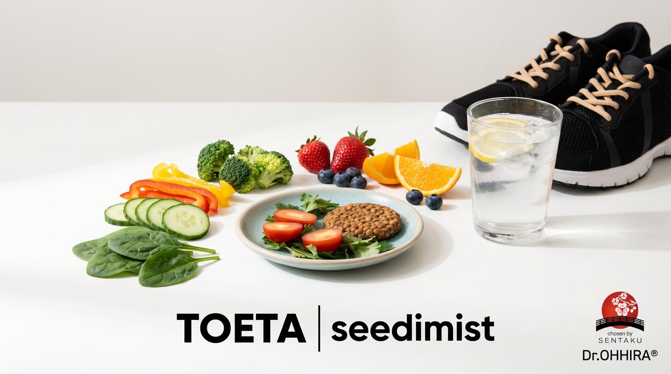 Pildil on näha värsked köögiviljad, puuviljad, tervislik toit, vesi ja spordijalatsid.