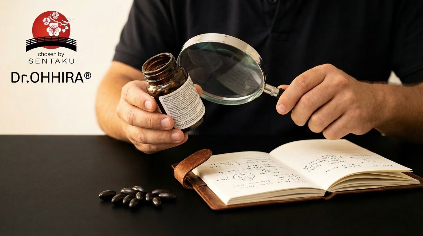 Mees uurib luubi abil toidulisandi pudeli etiketti, kõrval avatud märkmik ja kapslid.