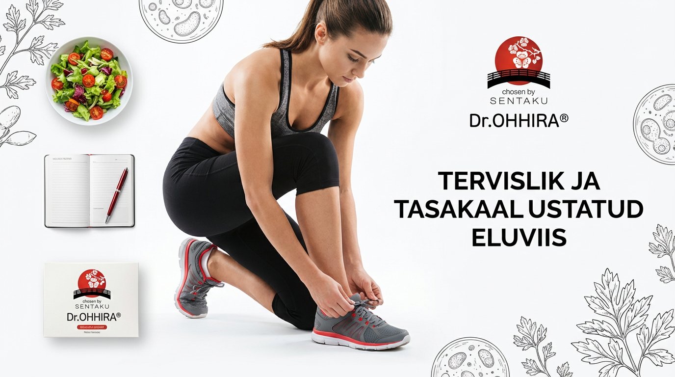 Naine seob spordijalanõusid, pildi fookuses on tervislik eluviis salati ja Dr.OHHIRA tootega.