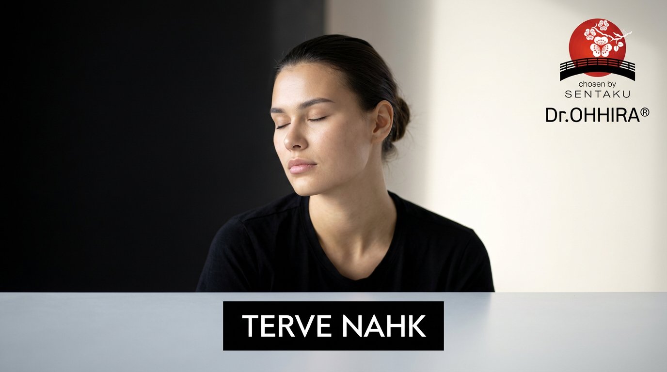 Naine suletud silmadega, esiletõstes terve naha kontseptsiooni, koos Dr.OHHIRA logoga.