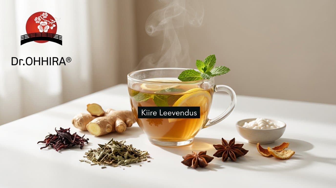 Aurav tass taimeteed sidruni ja piparmündiga, ümbritsetud ingveri, vürtside ja ürtidega. Logo Dr.OHHIRA®.