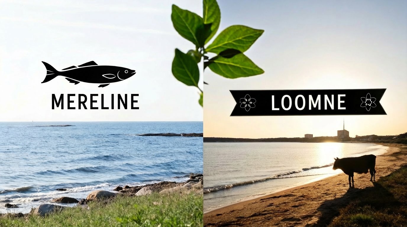 Pilt kahe jaotusega: vasakul kalalogo ja meri, paremal sildil tekst LOOMNE ja lehmad rannal päikeseloojangul.