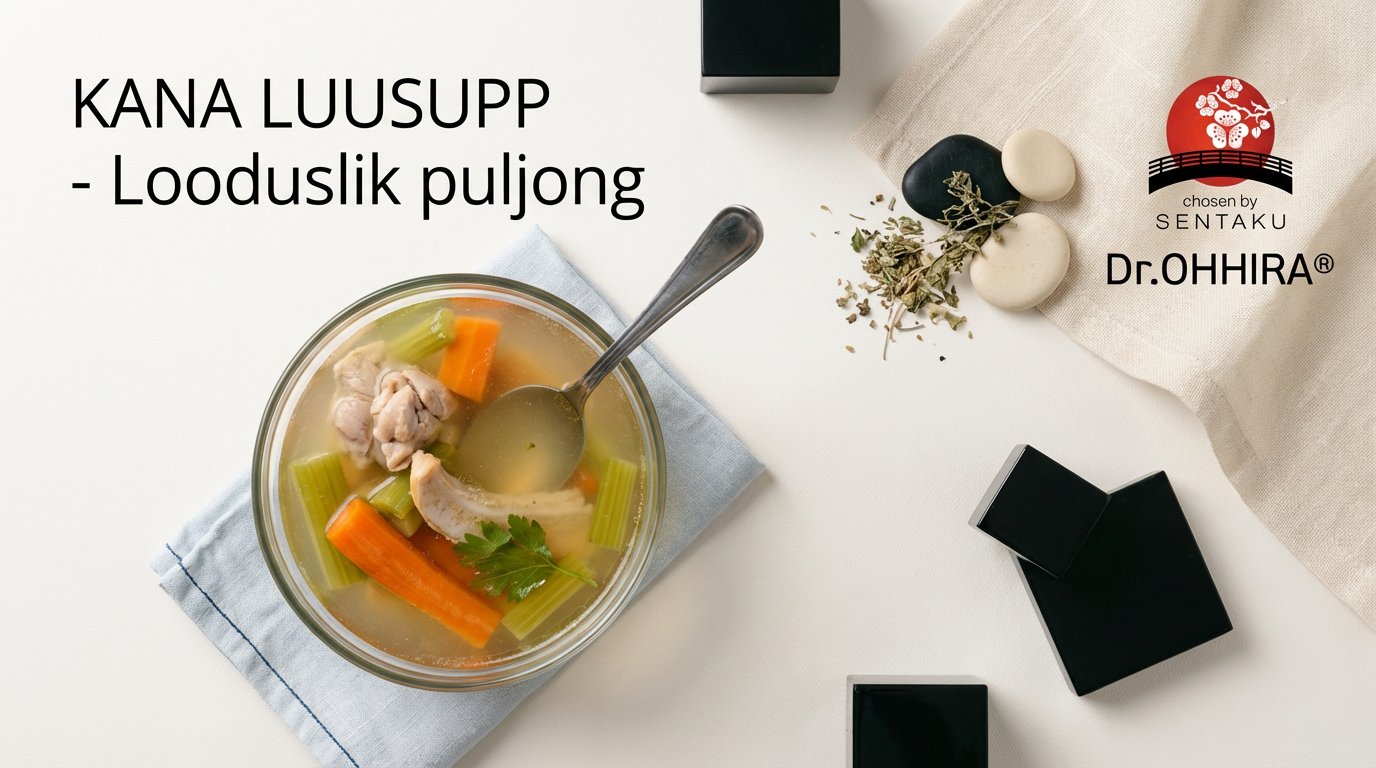 Kausitäis kanaluusuppi porgandi ja selleriga, kõrval tekst "KANA LUUSUPP - Looduslik puljong" ja Dr.OHHIRA® logo.