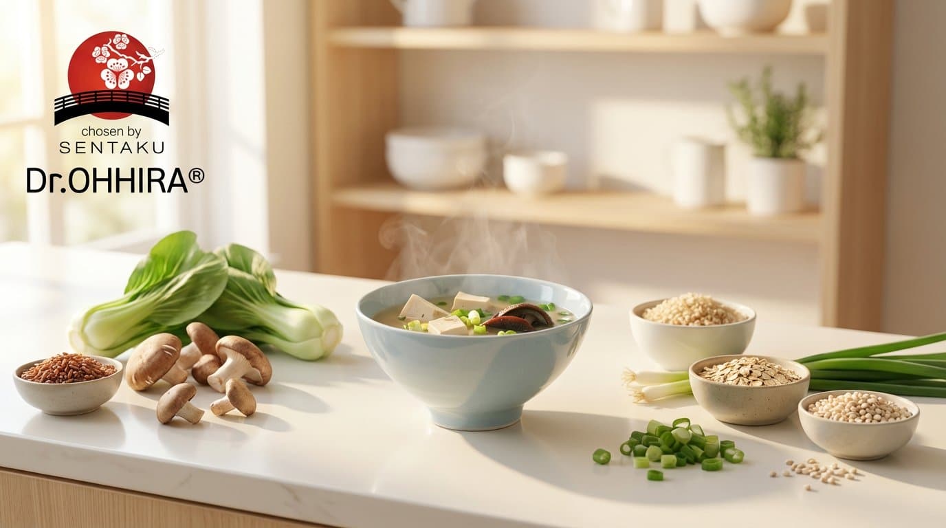 Kauss aurava supiga, värsked köögiviljad ja teraviljad köögilaual. Vasakul Dr. OHHIRA® logo.