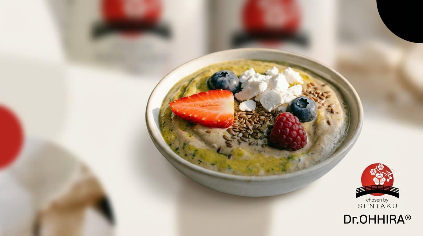 Kauss rohelise smuuti või jogurtiga, kaunistatud maasika, mustikate, vaarika, linaseemnete ja valge puruga.