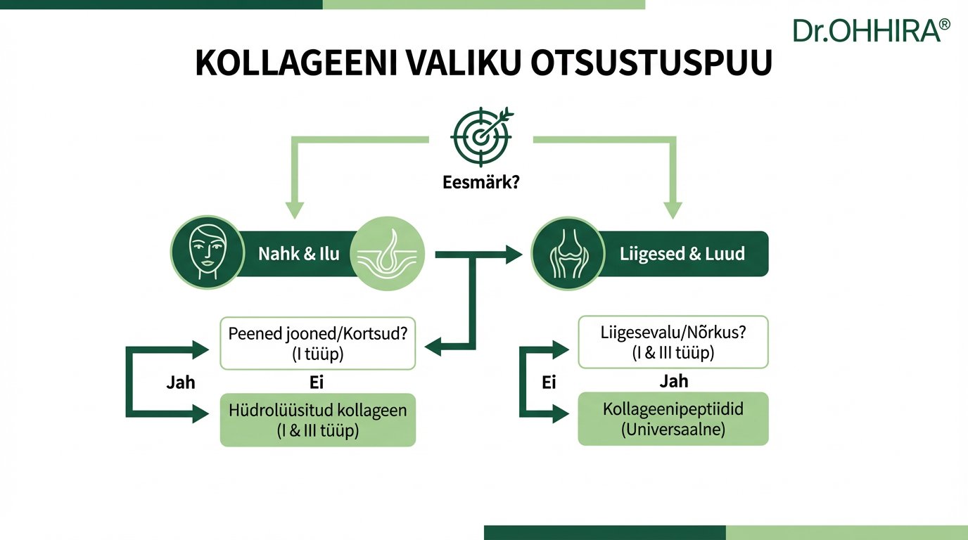 Kollageeni valiku otsustuspuu, mis aitab valida kollageeni naha, ilu, liigeste ja luude toetuseks.