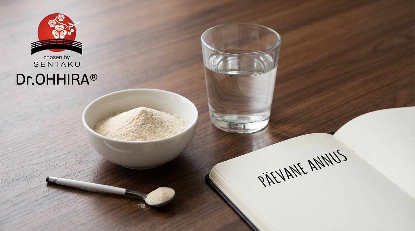 Kauss valge pulbriga, klaas vett, lusikas ja märkmik kirjaga "PÄEVANE ANNUS" (Dr.OHHIRA® logo).