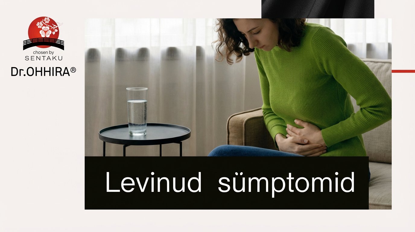 Naine rohelises kampsunis hoiab kõhtu, ilmselt tundes ebamugavust. Laual on klaas vett. Tekst: Levinud sümptomid.