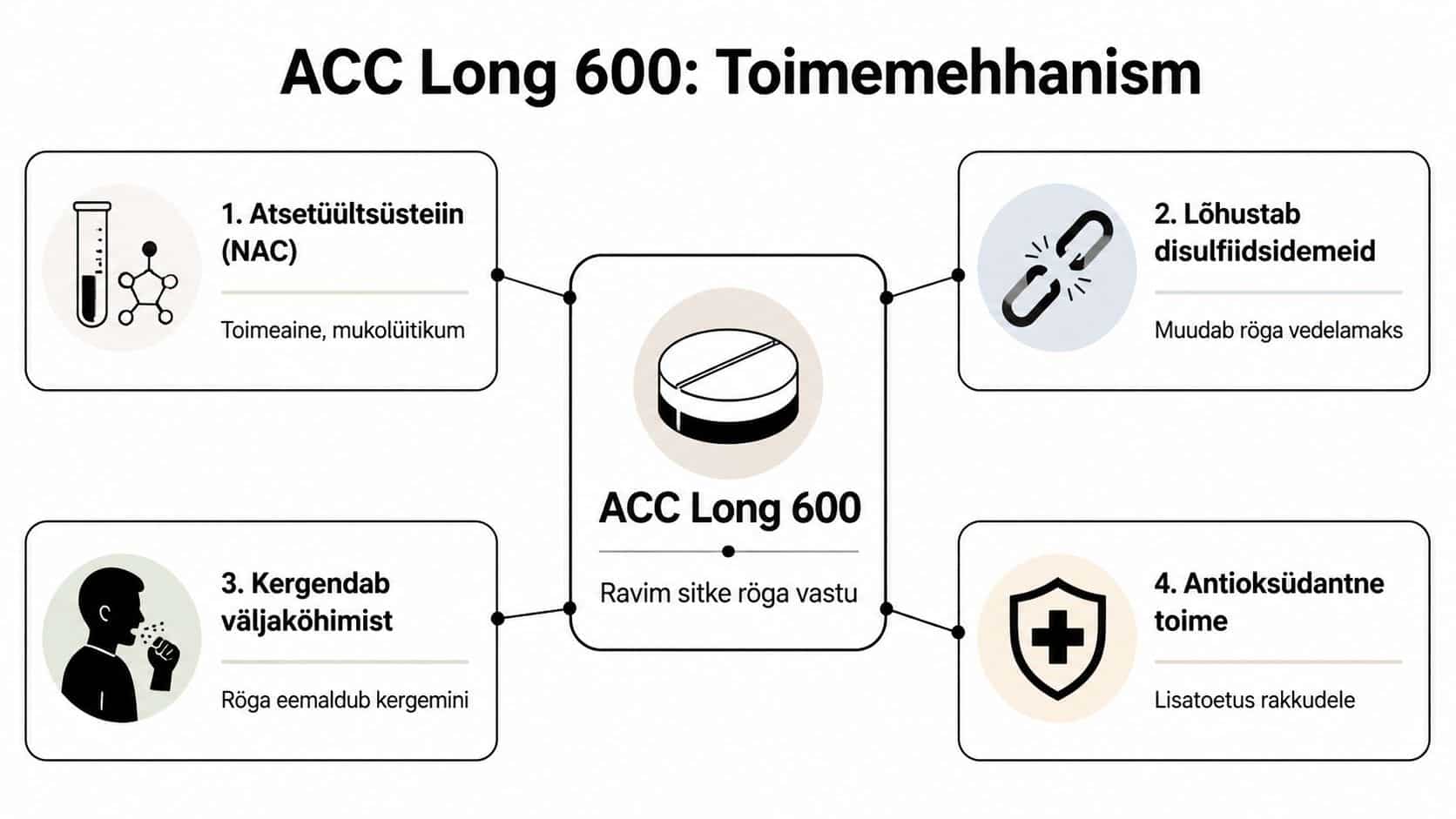 Infograafik selgitab ACC Long 600 ravimi toimemehhanismi, koostist, rögalahtistavat toimet ja antioksüdantset kaitset rakkudele.