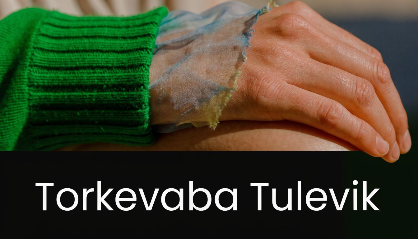 Lähivõte käest, mille randmel on läbipaistvast kangast detail ja taustal on näha roheline kootud varrukas.