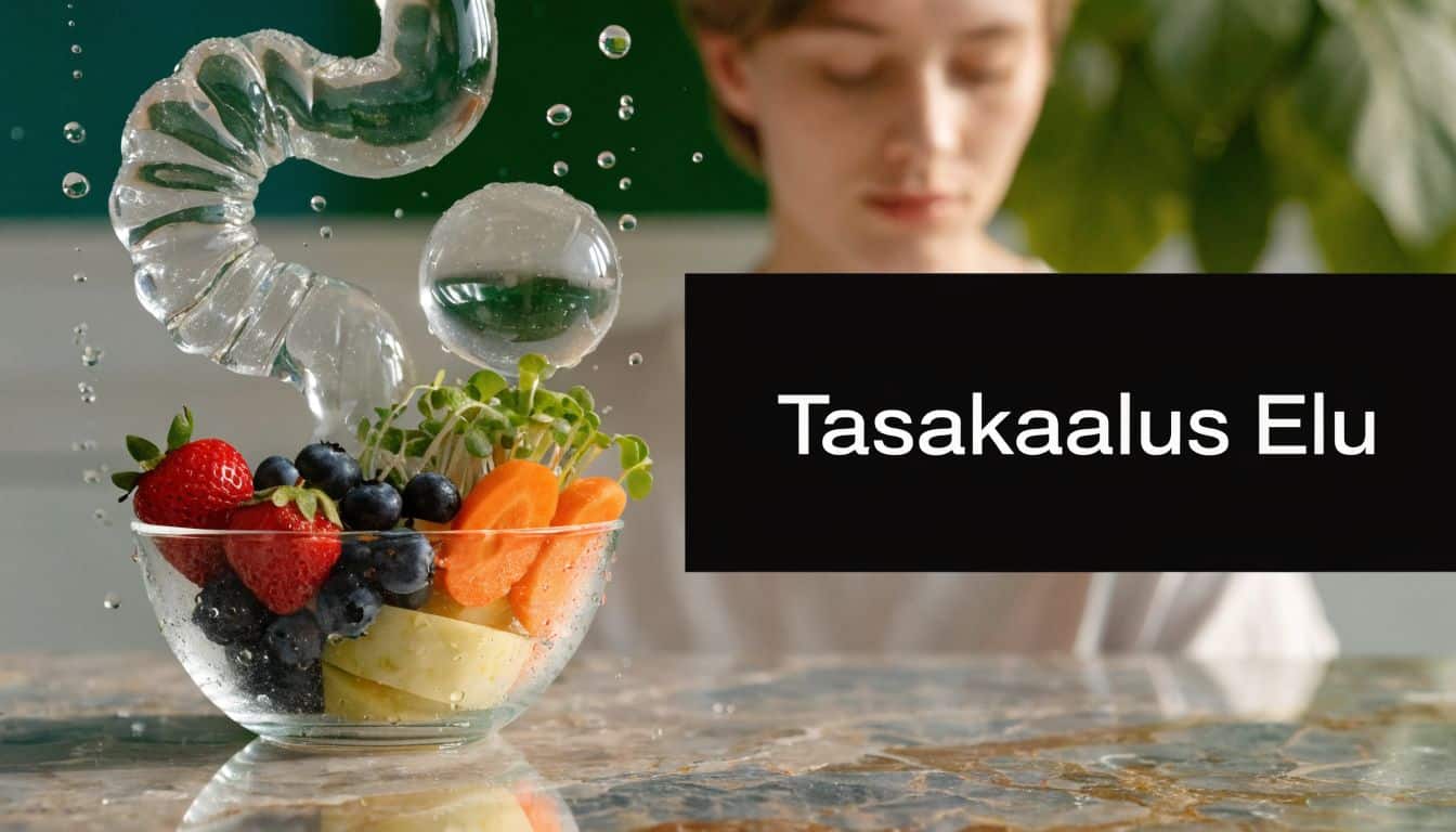 Klaaskauss värskete puuviljade, marjade ja idudega, mille kohal hõljuvad futuristlikud klaasist kujundid ja veepiisad tasakaalustatud toitumise tähistamiseks.