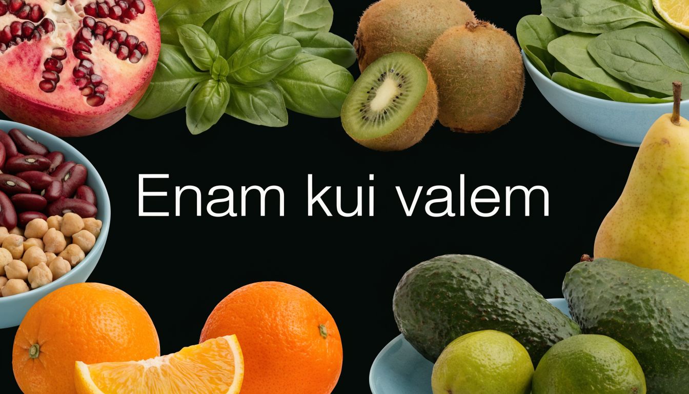 Tervislikud puuviljad, köögiviljad ja kaunviljad ümbritsemas teksti "Enam kui valem" mustal taustal tervisliku toitumise teemal.