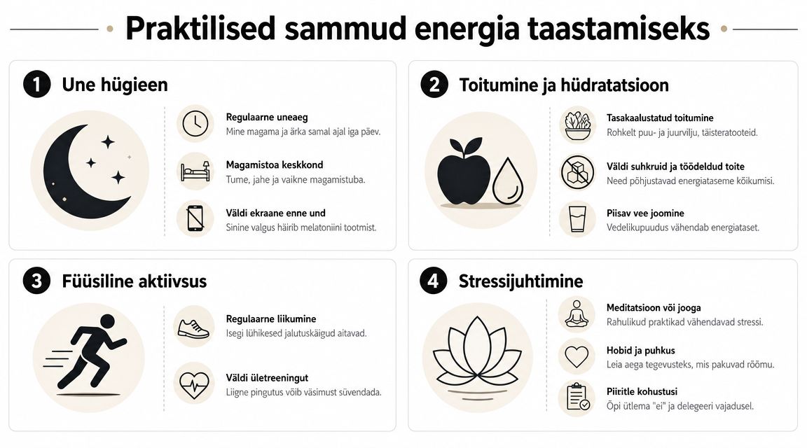 Praktilised sammud energia taastamiseks, mis hõlmavad unehügieeni, toitumist, füüsilist aktiivsust ja stressijuhtimist parema elukvaliteedi saavutamiseks.