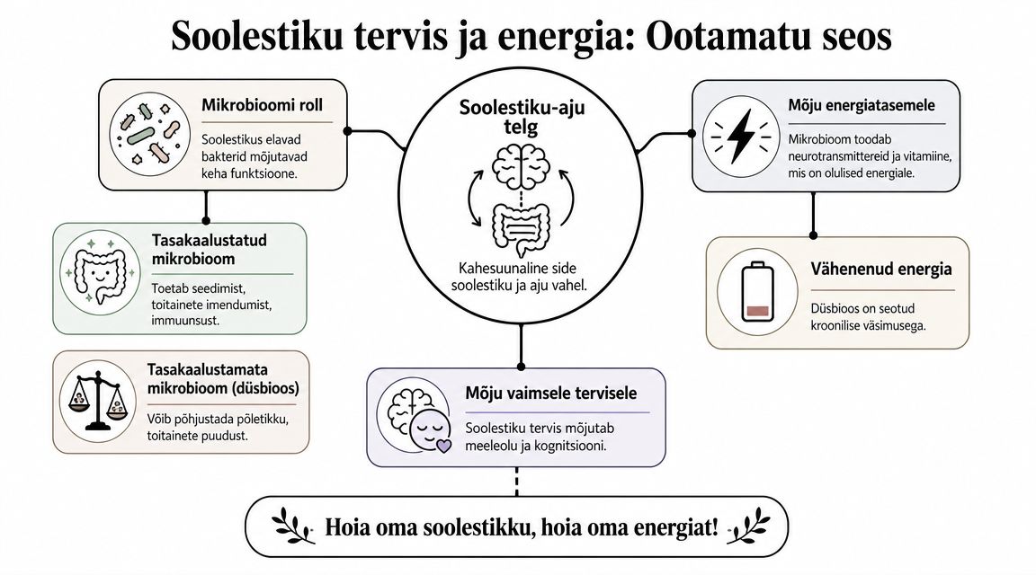 Infograafik selgitab soolestiku ja aju telge, mikrobioomi mõju energiatasemele ning seost vaimse tervise ja väsimusega.