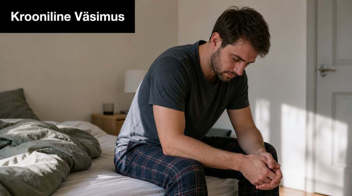 Kurnatud noormees istub voodi serval ja hoiab käest kinni, väljendades kroonilist väsimust ja vaimset kurnatust.