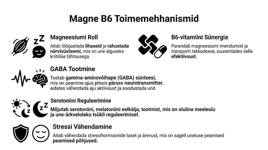 Infograafik selgitab Magne B6 toimeaineid, mis aitavad lihaseid lõdvestada, und parandada ja stressitaset tõhusalt alandada.