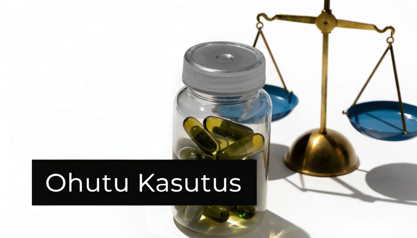 Läbipaistev purk toidulisandi kapslitega ja tasakaalu kaalud valgel taustal, mis sümboliseerib ohutut kasutamist ja tervislikku tasakaalu.
