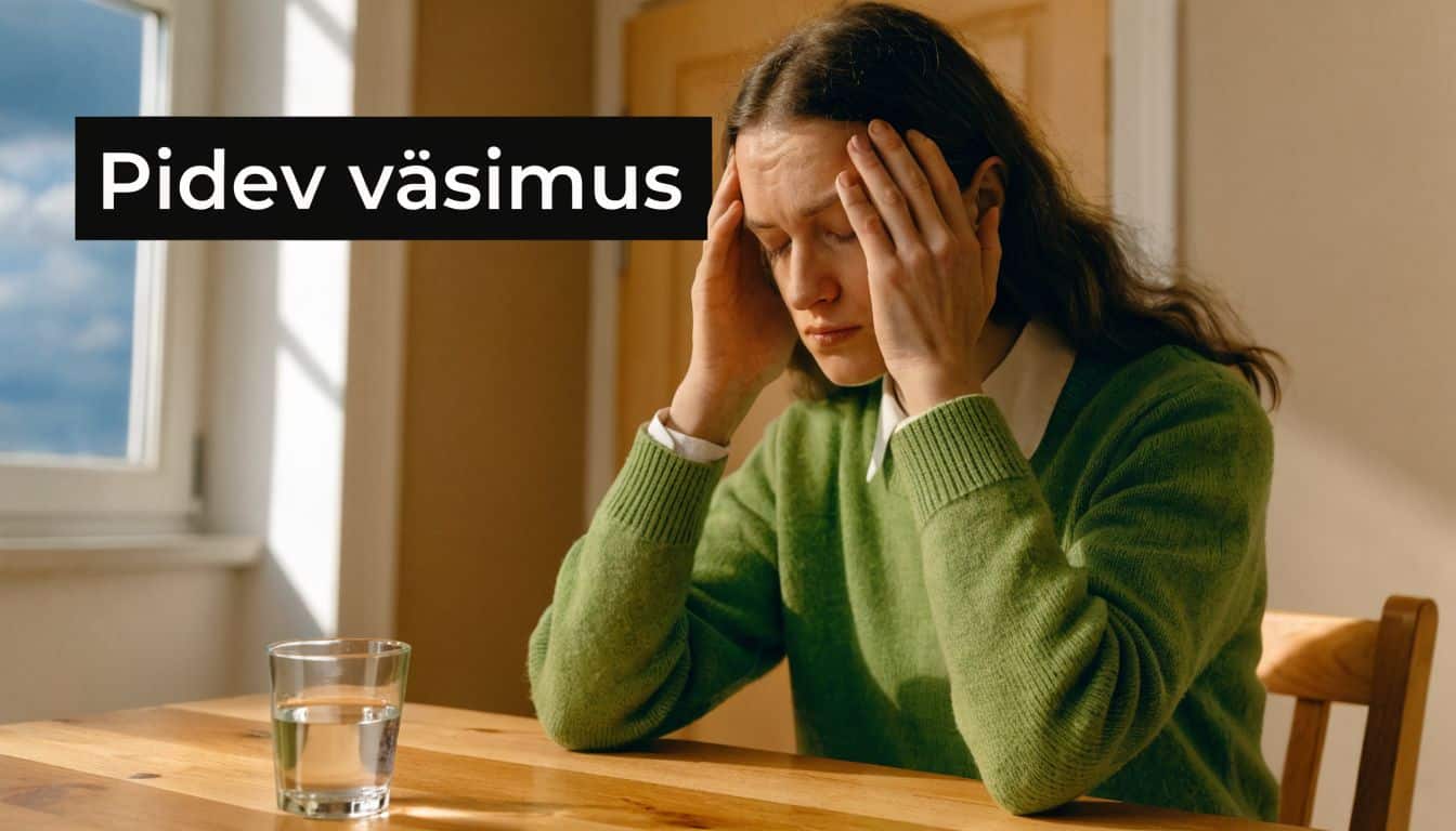 Naine istub laua taga, hoides kätega pead, mis sümboliseerib kurnatust ja pidevat väsimust ning stressi.