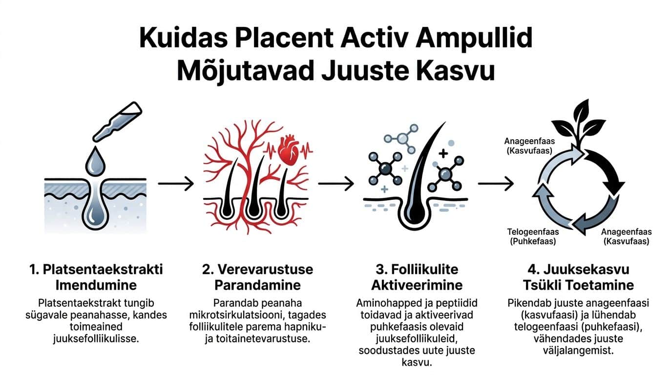 Placent Activ ampullide tööpõhimõte juuste kasvu soodustamisel peanaha vereringe parandamise ja juuksefolliikulite stimuleerimise kaudu.
