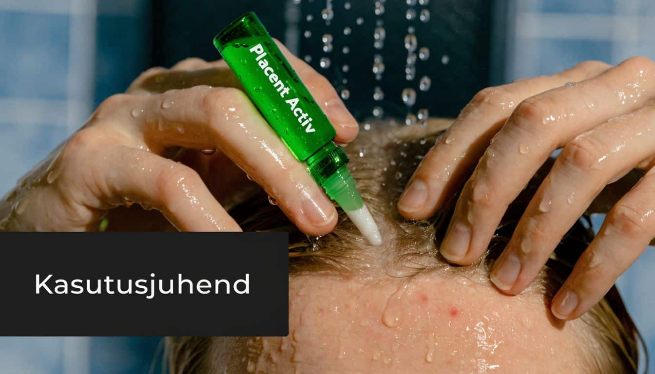 Inimene kannab duši all olles Placenta Activ ampullist vedelikku peanahale ja juustele juuksehoolduse eesmärgil.