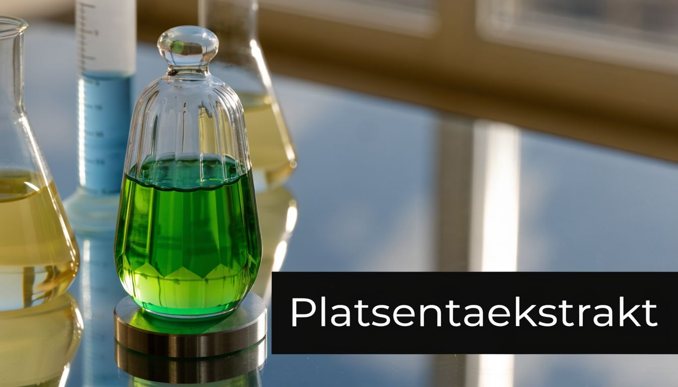 Laboratoorsed klaasanumad värviliste vedelikega, esiplaanil on elegantses klaaspudelis heleroheline platsentaekstrakti lahus töölaual.