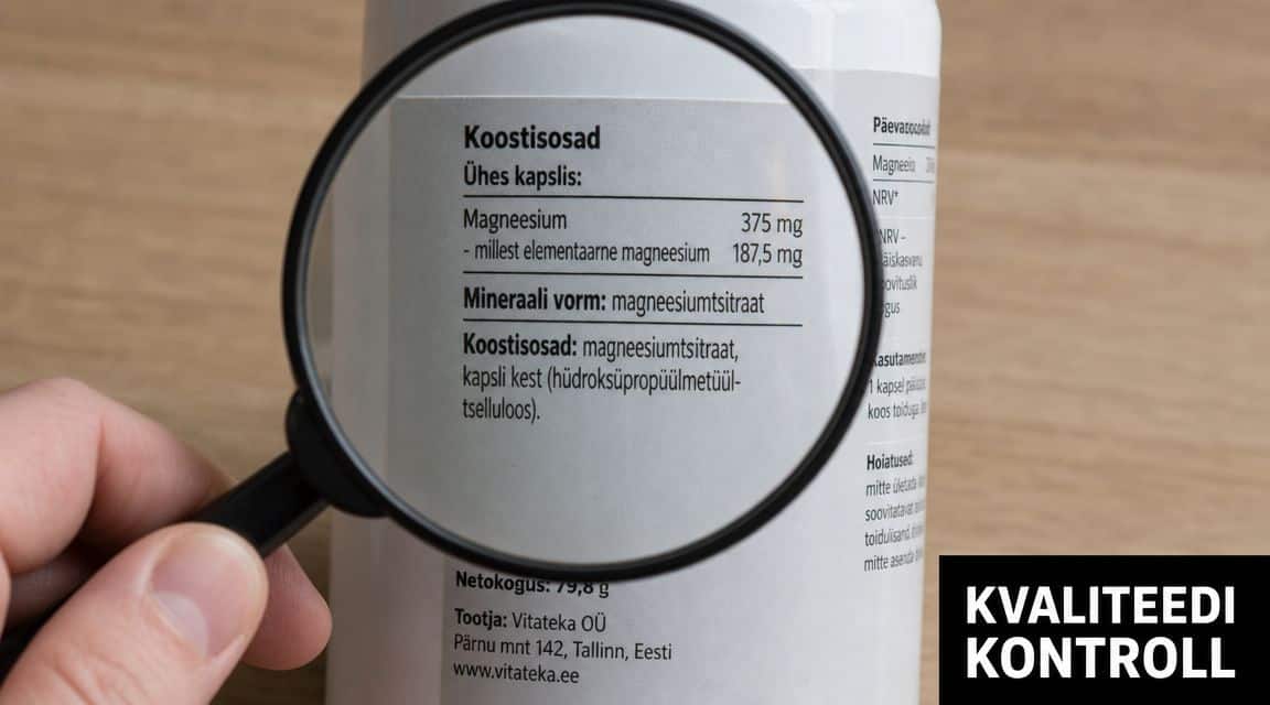 Lähivõte suurendusklaasiga vaadeldavast toidulisandi etiketist, kus on kirjas magneesiumtsitraadi koostis ja annustamine.