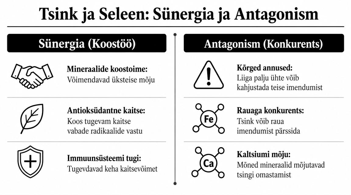 Infograafik selgitab tsingi ja seleeni sünergiat ning antagonismi inimese organismis ja mineraalide imendumisel.