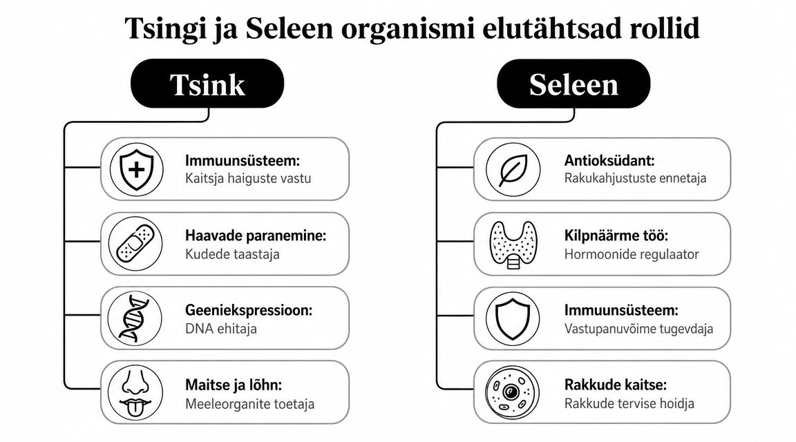 Tabel esitab info tsingi ja seleeni tähtsate rollide kohta inimorganismis immuunsüsteemi, rakkude ja tervise toetamisel.