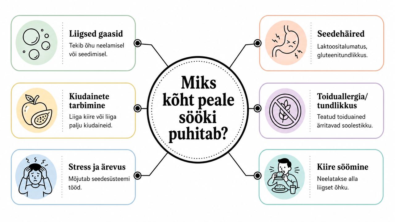 Infograafik selgitab peamisi põhjuseid, miks kõht pärast söömist puhitama hakkab, tuues välja seedimise ja toitumisega seotud tegurid.