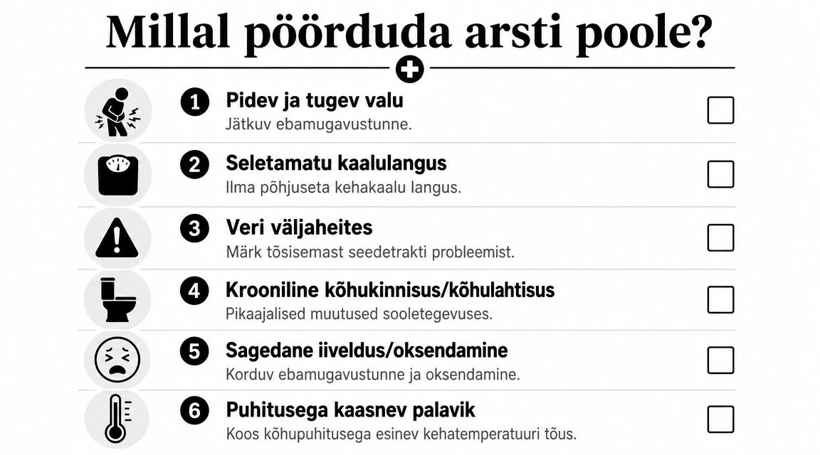 Infograafik loetleb sümptomeid, mille korral tuleks terviseprobleemide tõttu kindlasti pöörduda arsti poole nõustamisele ja läbivaatusele.