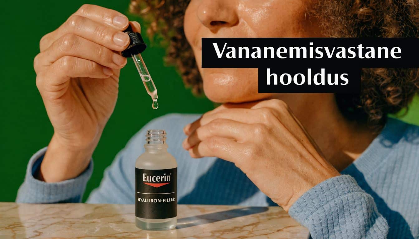 Naine hoiab käes Eucerin Hyaluron-Filler seerumi pipetti, mis on suunatud vananemisvastasele nahahooldusele näo ja kaela piirkonnas.