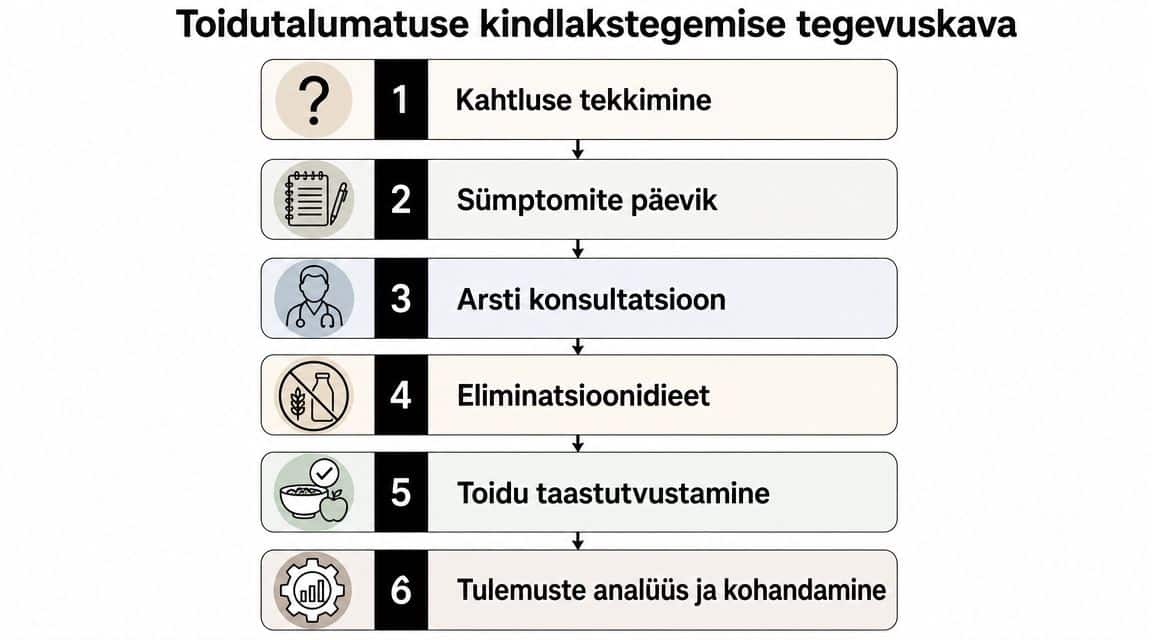 Skeem, mis selgitab toidutalumatuse kindlakstegemise tegevuskava kuue sammu abil alates kahtluse tekkimisest kuni tulemuste analüüsini.