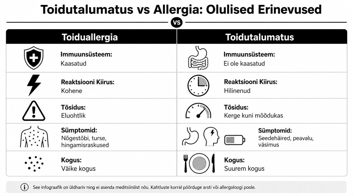 Võrdlev infograafik toiduallergia ja toidutalumatuse peamiste erinevuste, sümptomite ning immuunsüsteemi kaasatuse kohta.