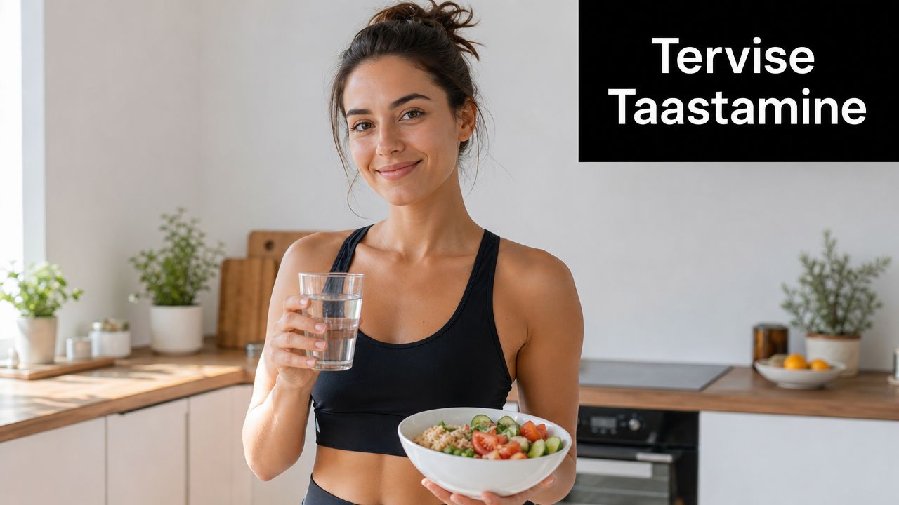 Sportlik naine hoiab käes klaasitäit vett ja kausitäit tervislikku salatit, edendades tervislikku eluviisi ja taastumist.