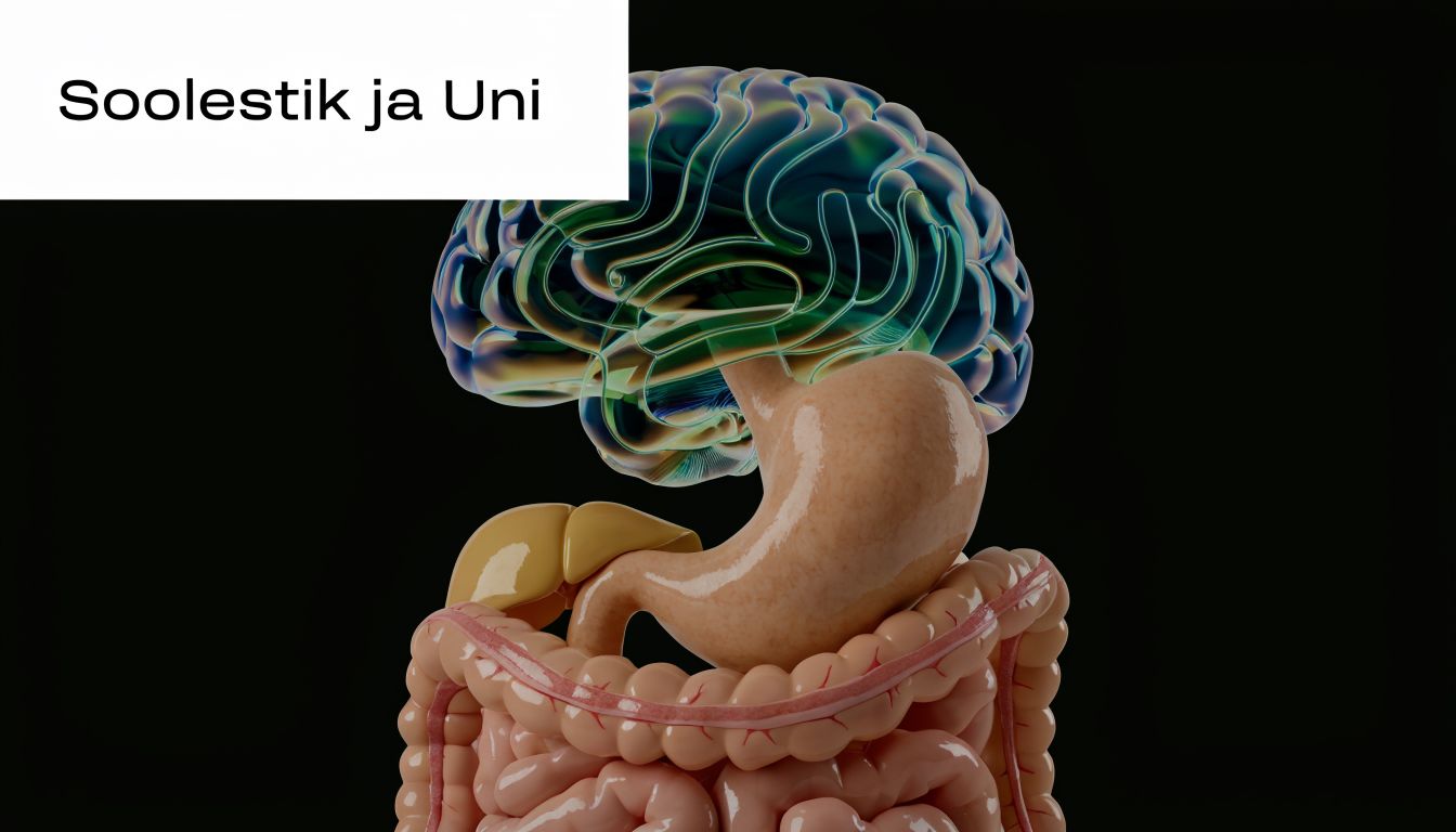 3D-illustratsioon, mis kujutab inimese aju, magu ja soolestikku, rõhutades seost seedesüsteemi ja unekvaliteedi vahel.